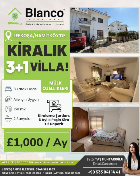LEFKOŞA/HAMİTKÖY' DE AİLE İÇİN KİRALIK 3+1 VİLLA-1