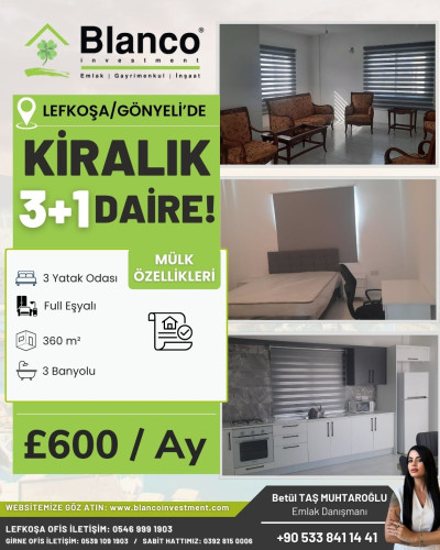 LEFKOŞA/GÖNYELİ' DE 3+1 KİRALIK DAİRE