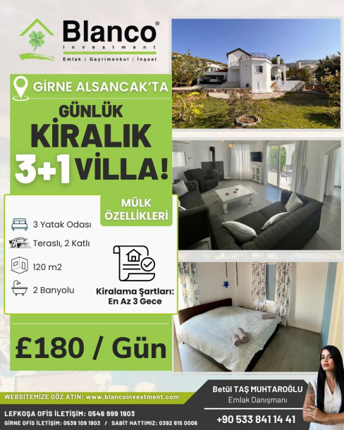 GİRNE/ALSANCAK MERKEZDE 3+1 GÜNLÜK KİRALIK VİLLA-1